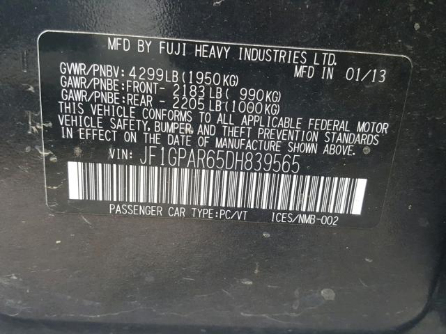 JF1GPAR65DH839565 - 2013 SUBARU IMPREZA SP GRAY photo 10