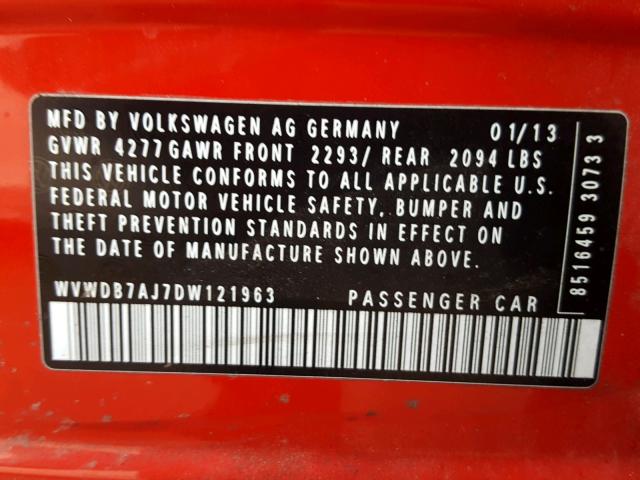 WVWDB7AJ7DW121963 - 2013 VOLKSWAGEN GOLF 红色 照片 10