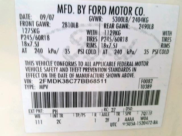 2FMDK38C77BB68511 - 2007 FORD EDGE SEL WHITE photo 10