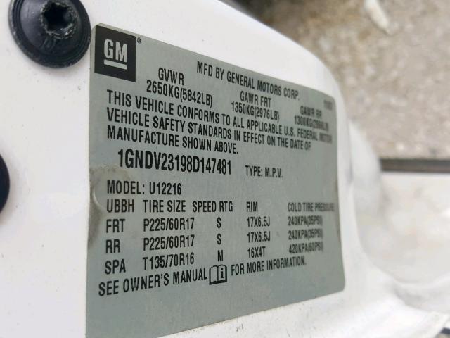 1GNDV23198D147481 - 2008 CHEVROLET UPLANDER L WHITE photo 10