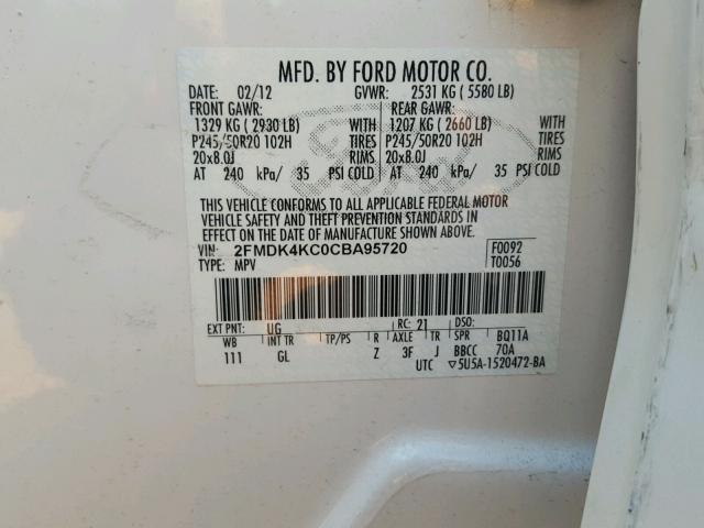 2FMDK4KC0CBA95720 - 2012 FORD EDGE LIMIT WHITE photo 10