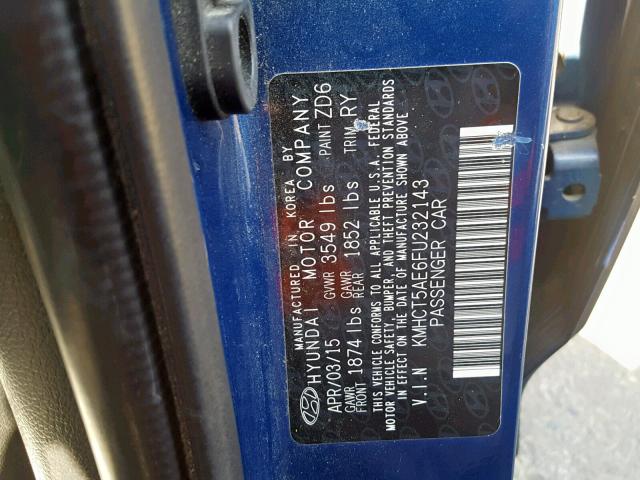 KMHCT5AE6FU232143 - 2015 HYUNDAI ACCENT GS BLUE photo 10