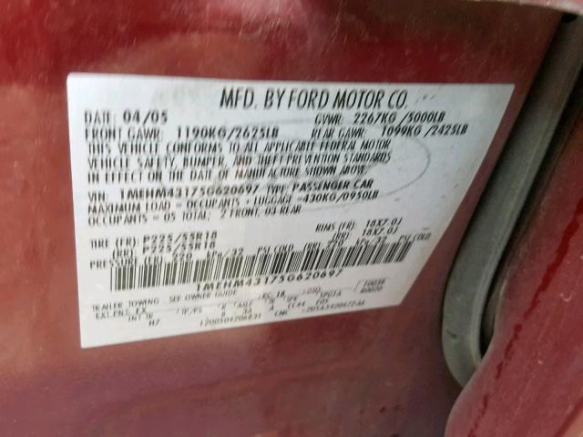 1MEHM43175G620697 - 2005 MERCURY MONTEGO PR MAROON photo 10