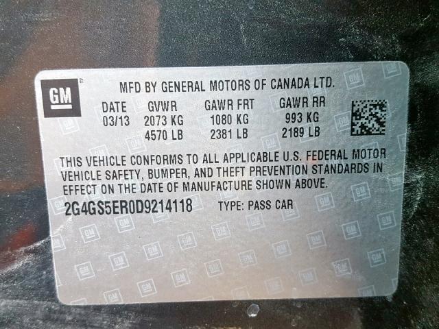 2G4GS5ER0D9214118 - 2013 BUICK REGAL PREM CHARCOAL photo 10