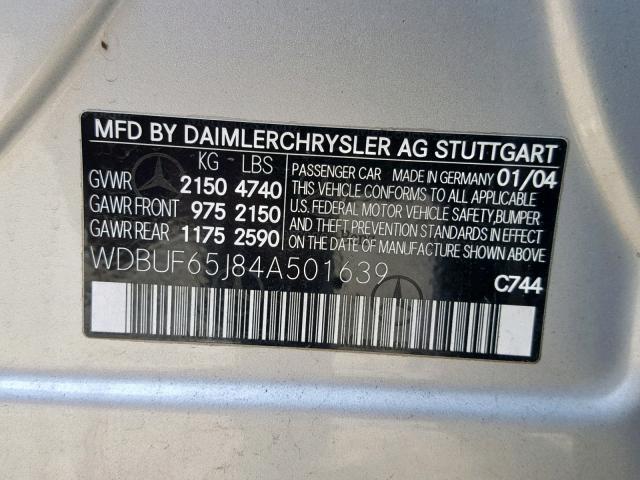 WDBUF65J84A501639 - 2004 MERCEDES-BENZ E 320 SILVER photo 10