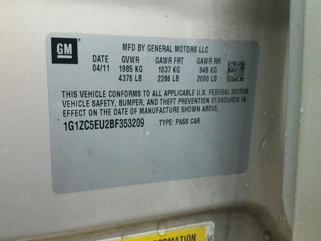 1G1ZC5EU2BF353209 - 2011 CHEVROLET MALIBU 1LT SILVER photo 10