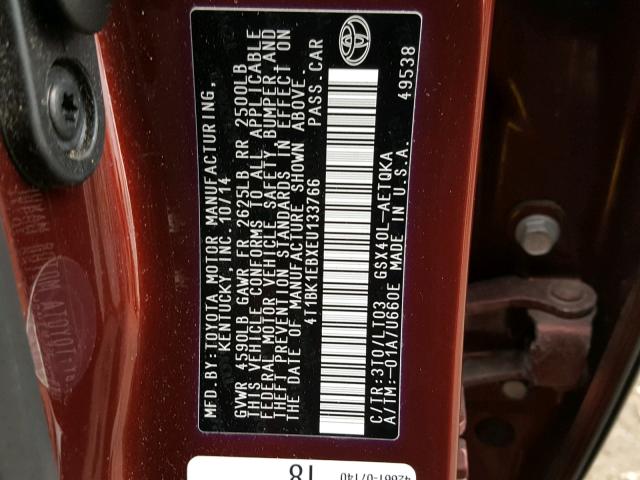 4T1BK1EBXEU133766 - 2014 TOYOTA AVALON BAS 栗色 照片 10