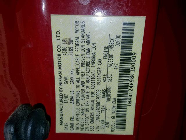 1N4BL24E98C190009 - 2008 NISSAN ALTIMA 3.5 RED photo 10