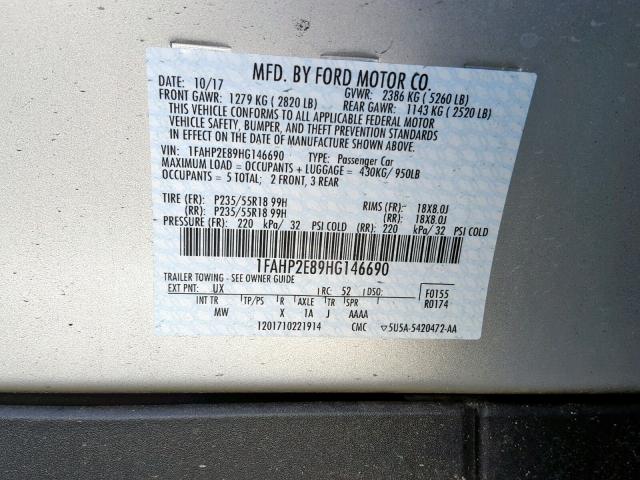 1FAHP2E89HG146690 - 2017 FORD TAURUS SEL SILVER photo 10