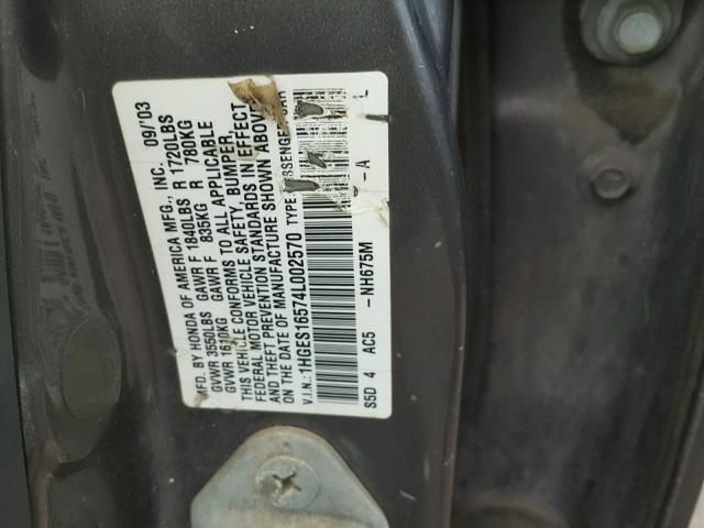 1HGES16574L002570 - 2004 HONDA CIVIC GRAY photo 10