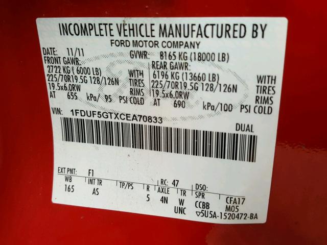 1FDUF5GTXCEA70833 - 2012 FORD F550 SUPER RED photo 10