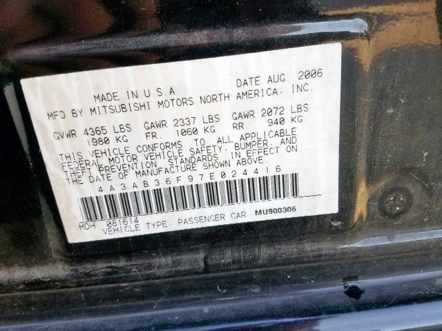 4A3AB36F97E024416 - 2007 MITSUBISHI GALANT ES BLACK photo 10