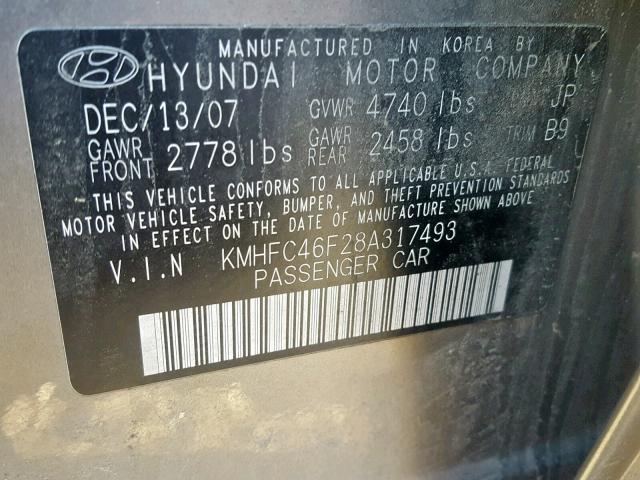 KMHFC46F28A317493 - 2008 HYUNDAI AZERA SE GRAY photo 10