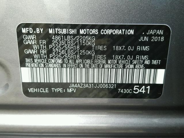 JA4AZ3A31JJ006321 - 2018 MITSUBISHI OUTLANDER GRAY photo 10