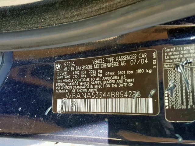 WBANA53544B854276 - 2004 BMW 525 I BLUE photo 10