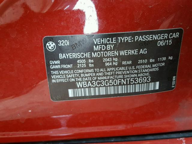 WBA3C3G50FNT53693 - 2015 BMW 320 I RED photo 10