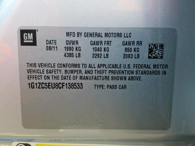 1G1ZC5EU8CF138533 - 2012 CHEVROLET MALIBU 1LT ვერცხლისფერი ფოტო 10