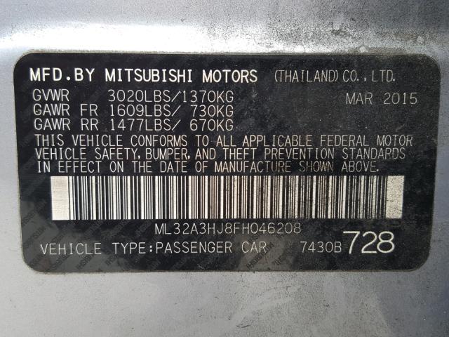 ML32A3HJ8FH046208 - 2015 MITSUBISHI MIRAGE DE SILVER photo 10