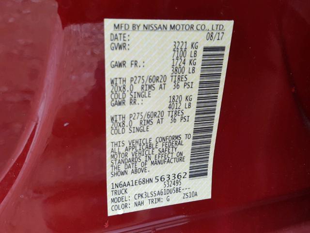 1N6AA1E68HN563362 - 2017 NISSAN TITAN SV RED photo 10