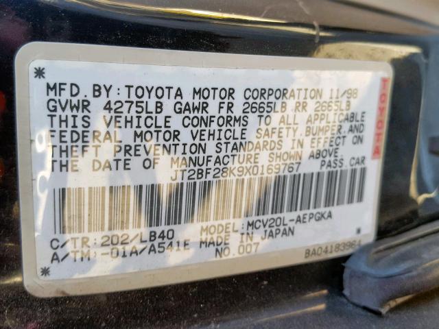 JT2BF28K9X0169767 - 1999 TOYOTA CAMRY LE BLACK photo 10