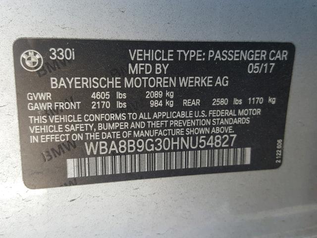 WBA8B9G30HNU54827 - 2017 BMW 330 I SILVER photo 10