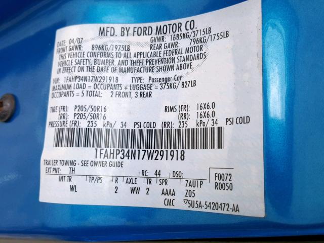 1FAHP34N17W291918 - 2007 FORD FOCUS ZX4 BLUE photo 10