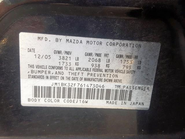 JM1BK32F761473046 - 2006 MAZDA 3 I BLACK photo 10