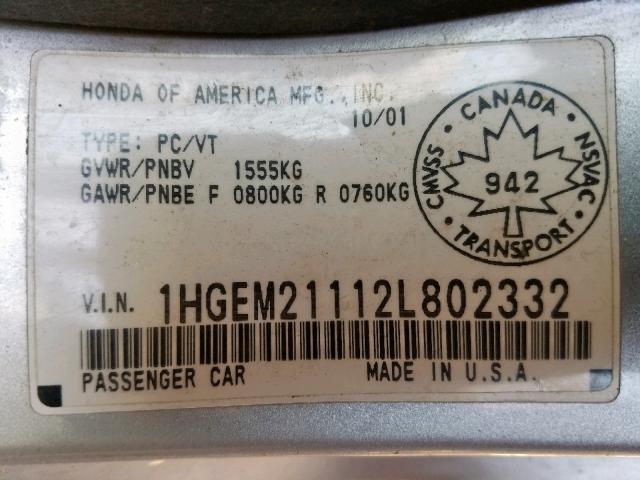 1HGEM21112L802332 - 2002 HONDA CIVIC DX SILVER photo 10