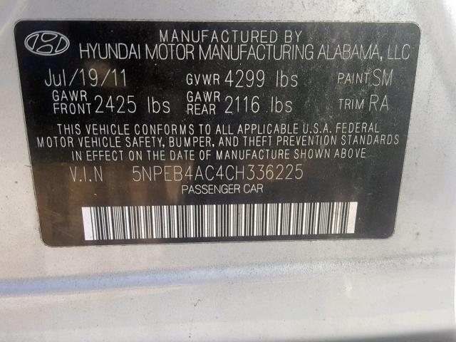 5NPEB4AC4CH336225 - 2012 HYUNDAI SONATA GLS SILVER photo 10