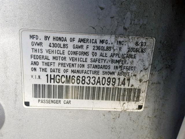 1HGCM66833A099141 - 2003 HONDA ACCORD EX SILVER photo 10