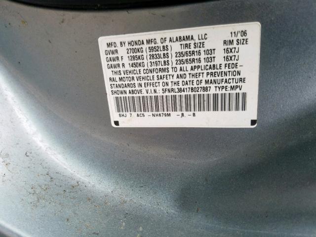 5FNRL38417B027887 - 2007 HONDA ODYSSEY EX GRAY photo 10