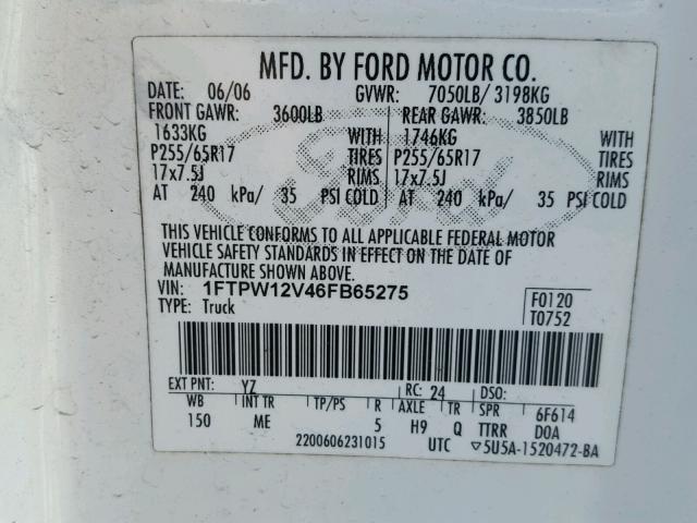 1FTPW12V46FB65275 - 2006 FORD F150 SUPER WHITE photo 10