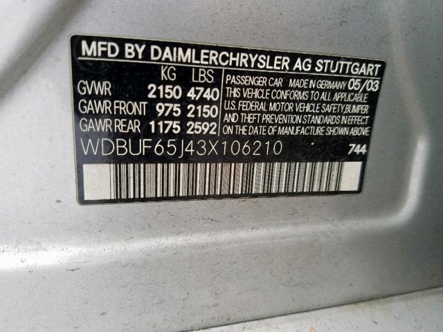 WDBUF65J43X106210 - 2003 MERCEDES-BENZ E 320 SILVER photo 10