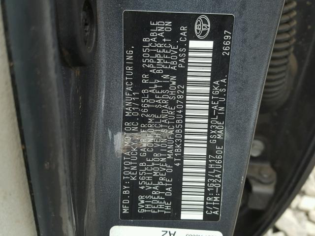 4T1BK3DB5BU407822 - 2011 TOYOTA AVALON BAS CHARCOAL photo 10