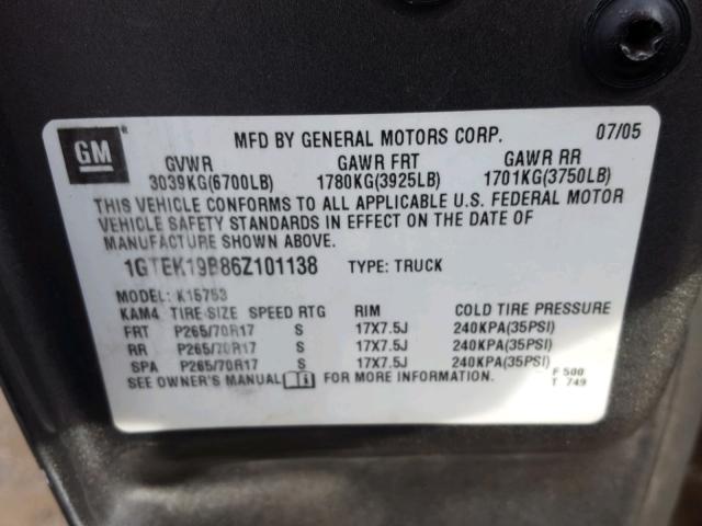 1GTEK19B86Z101138 - 2006 GMC NEW SIERRA GRAY photo 10