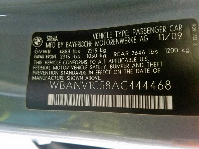 WBANV1C58AC444468 - 2010 BMW 528 XI GRAY photo 10