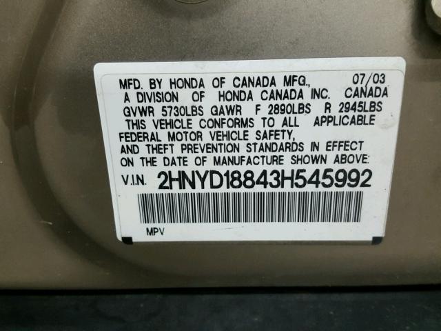 2HNYD18843H545992 - 2003 ACURA MDX TOURIN BEIGE photo 10