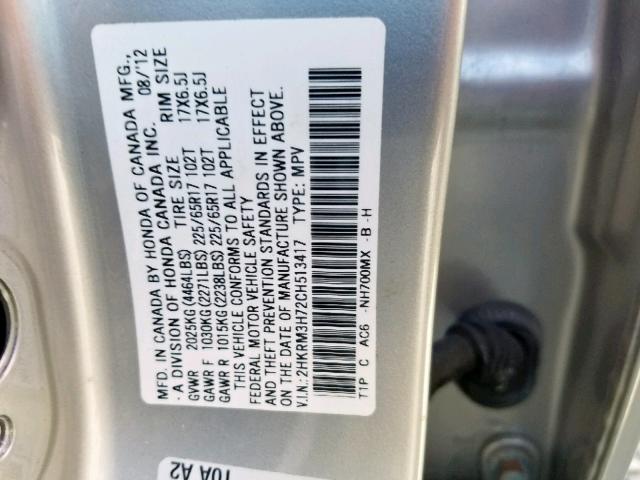 2HKRM3H72CH513417 - 2012 HONDA CR-V EXL SILVER photo 10