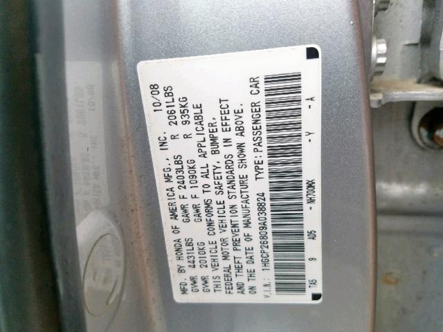 1HGCP26809A038824 - 2009 HONDA ACCORD EXL SILVER photo 10