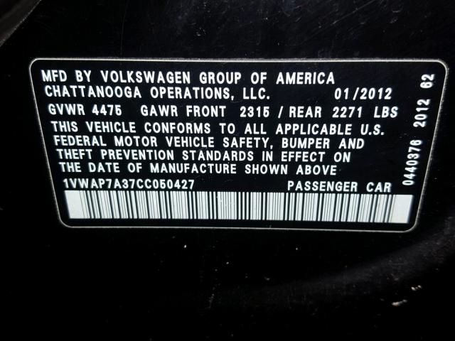 1VWAP7A37CC050427 - 2012 VOLKSWAGEN PASSAT S BLACK photo 10