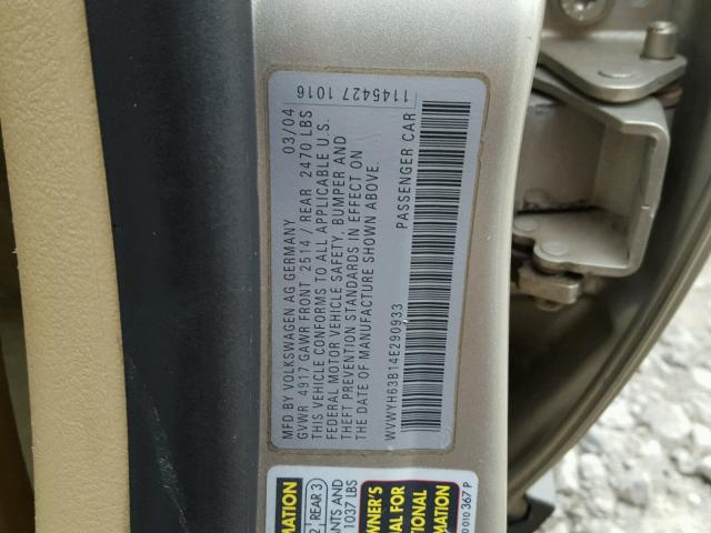 WVWYH63B14E290933 - 2004 VOLKSWAGEN PASSAT GLX 金色 照片 10