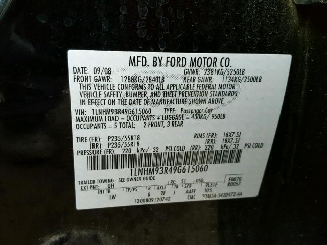 1LNHM93R49G615060 - 2009 LINCOLN MKS BLACK photo 10