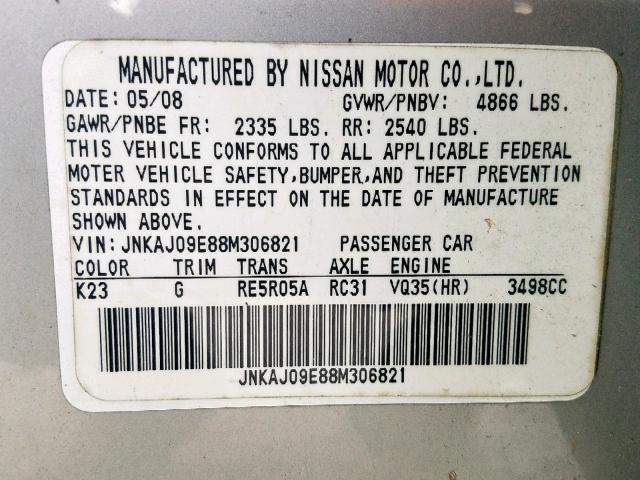 JNKAJ09E88M306821 - 2008 INFINITI EX35 BASE SILVER photo 10