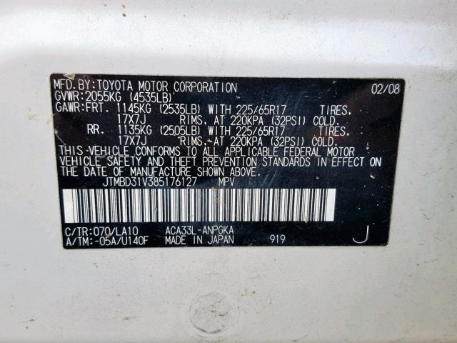 JTMBD31V385176127 - 2008 TOYOTA RAV4 LIMIT WHITE photo 10