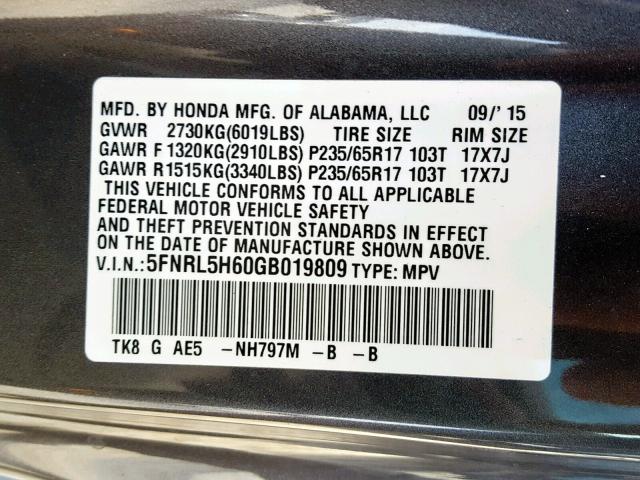 5FNRL5H60GB019809 - 2016 HONDA ODYSSEY EX GRAY photo 10