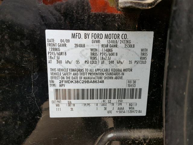 2FMDK38C29BA86348 - 2009 FORD EDGE SEL BLACK photo 10