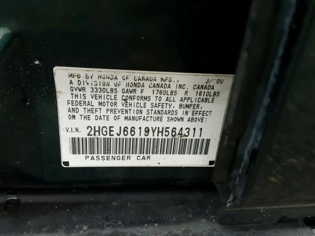 2HGEJ6619YH564311 - 2000 HONDA CIVIC BASE Yaşıl foto 10