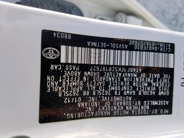 4T4BF1FK5CR187627 - 2012 TOYOTA CAMRY BASE WHITE photo 10