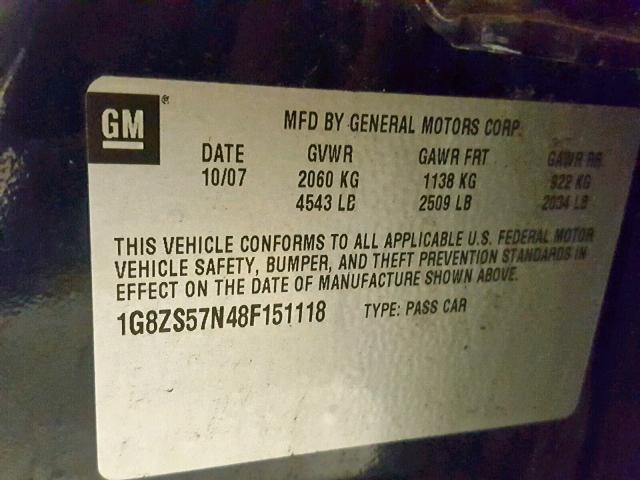 1G8ZS57N48F151118 - 2008 SATURN AURA XE BLUE photo 10