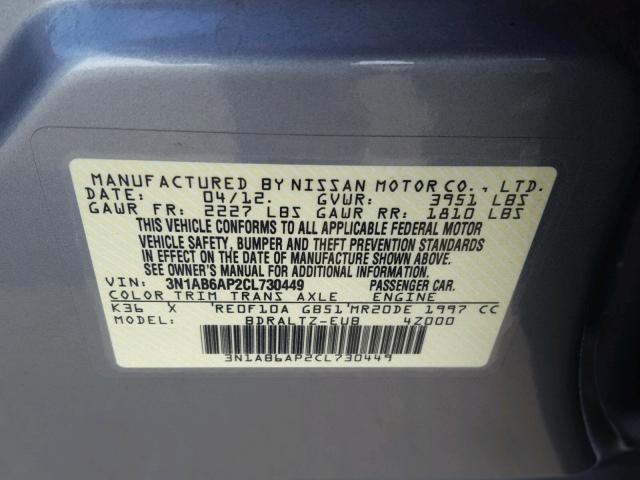 3N1AB6AP2CL730449 - 2012 NISSAN SENTRA 2.0 GRAY photo 10